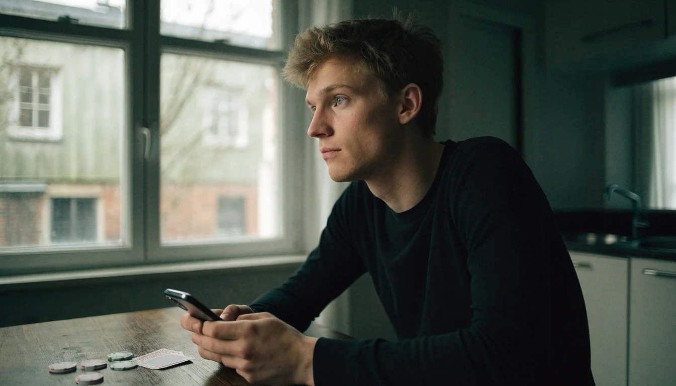 Mies asettaa puhelimen pois kädestä pelimerkkien viereen